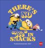 "THERE'S NO 'WE' IN SNACKS" steht in gelber Schrift. Zwei Minions, einer hält Popcorn, auf blauem Hintergrund.