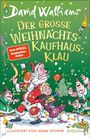 Buchtitel: "Der große Weihnachtskaufhausklau". Santa hält Spielzeuge, Kinder schauen überrascht. Illustrativ, festlich.