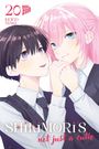 Text: "20", "Manga Cult", "Keigo Maki", "Shikimori's not just a cutie". Zwei Anime-Figuren halten sich lächelnd die Hände.