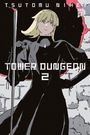 „Tower Dungeon 2“ steht in großen Buchstaben. Eine Person mit blonden Haaren und schwarzem Umhang hält einen Stock.