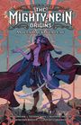 "CRITICAL ROLE THE MIGHTY NEIN ORIGINS MOLLYMAUK TEALEAF." Fantasiefigur mit lilafarbener Haut vor einem dekorativen Hintergrund.