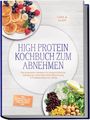 "High Protein Kochbuch zum Abnehmen" von Carla Auer. Zeigt Pfannkuchen mit Beeren und eine Schüssel mit Reis und Bohnen.