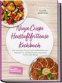 "Ninja Crispi Heißluftfritteuse Kochbuch" steht in lila Schrift. Oben und unten sind Bilder von Gerichten.