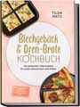 „Blechgebäck & Ofen-Brote Kochbuch“ von Tilda Mats. Bilder von Gebäck im Blech und Pizza auf rosa Hintergrund.
