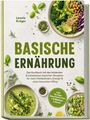 Text: „BASISCHE ERNÄHRUNG“, Leonie Krüger, grünes Gericht, Gemüse, Teller, Kräuter und Gewürze.