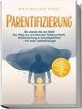 Titel: "Parentifizierung". Eine Silhouette eines Kindes hält Hände eines Erwachsenen, umgeben von Linien und Wolken. Beigefügter Sticker.