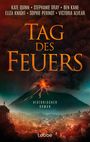 Oben stehen Autorennamen, darunter "Tag des Feuers". Unten "Historischer Roman". Vulkanausbruch über antiker Stadt.