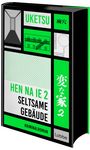 "UKETSU, HEN NA IE 2, SELTSAME GEBÄUDE, KRIMINALROMAN." Grüne grafische Elemente mit minimalistischen Designs.