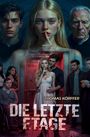 "Die letzte Etage", "Thomas Körffer". Menschen in bedrohlicher Atmosphäre, eine Person hält einen Finger an die Lippen.