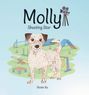 "Molly Shooting Star" steht oben. Illustration eines fröhlichen, gefleckten Hundes vor einem Hundeparcours. Vivien Xu.