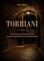 „Peter Maier, TORRIANI. Ein erotisch-satirischer Roman aus der Herrschaftszeit der Gutmenschen.“  
Dunkler Tunnel mit Laterne.