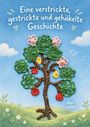 Eine verstrickte, gestrickte und gehäkelte Geschichte. Ein Baum mit gehäkelten Blättern und Blumen vor blauem Himmel.