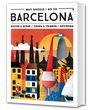 „Why Should I Go to Barcelona“ und „Kultur & Szene / Essen & Trinken / Shopping“. Illustration von Barcelona-Elementen.