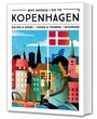 „Why Should I Go to Kopenhagen“, Kultur, Essen, Shopping. Illustration: bunte Gebäude, Flagge, Statue und Menschen.