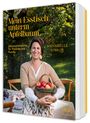 „Mein Esstisch unterm Apfelbaum“, „Jahreszeitenküche für Freunde und Familie“, „ANNABELLE KNAUR“. Frau mit Obstkorb.