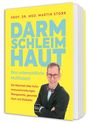 „Darm Schleim Haut“ in großen Buchstaben. Gelber Hintergrund. Autor in Anzug mit Fliege, lächelt freundlich.