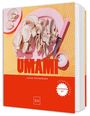 Buchcover mit dem Titel "UMAMI", Autor LUKAS GROSSMANN. Ein rosa Teller mit Pilzen auf einem gelben Karotuch.