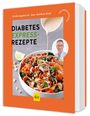 "Diabetes Express-Rezepte" von Dr. med. Matthias Riedl. Zeigt einen Nudelsalat mit Gemüse. Gesicht von Mann auf Cover.