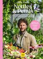 „Jamie Walton, Nettles & Petals“, mit Blüten und Gemüse, Mann mit Blumen- und Gemüsekorb, GU-Logo, pinker Rand.