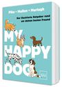 "MY HAPPY DOG" - Der illustrierte Ratgeber. Mehrere Hundillustrationen verschiedener Rassen auf hellblauem Hintergrund.