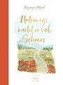 "Unterwegs wartet so viel Schönes" in goldener Schrift. Aquarell von einem Weg durch Landschaft mit roten Blumen.
