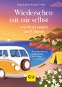Buchtitel: "Wiedersehen mit mir selbst - zwischen Campari und Calamari". Ein gelber Bus an einer Küste bei Sonnenuntergang.