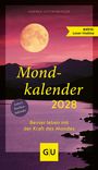 Texte: "Mondkalender 2028", "Besser leben mit der Kraft des Mondes". Gelber Mond über Bergen und See im Abendrot.