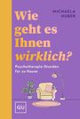 "Wie geht es Ihnen wirklich? Psychotherapie-Stunden für zu Hause" - Illustration mit Sessel, Pflanze, Lampe, lila Hintergrund.