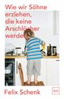 "Wie wir Söhne erziehen, die keine Arschlöcher werden." Ein Junge spült Geschirr, steht auf einem Stuhl.