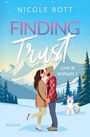 „FINDING Trust“, „LOVE IN NORWAY 1“, „NICOLE ROTT“, „ROMAN“. Ein Paar steht vor schneebedeckten Bergen mit Hund daneben.