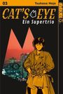 03, Tsukasa Hojo, CAT'S EYE, Ein Supertrio, TOKYOPOP. Illustration: Frau in Trenchcoat vor Stadtansicht.