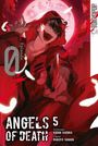 "Angels of Death Episode 0" und "5" in großem Text. Ein dynamisches, rot-schwarzes Manga-Cover mit einem Mann und einer Klinge.