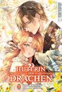 Titel: Hüterin der Drachen. Paar umarmt sich, umgeben von Blumen und einem Drachenkopf. Manga-Stil.