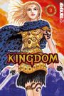 „Yasuhisa Hara, KINGDOM“ steht in fettem Text. Eine Kriegerin in goldener Rüstung, mit blauem Umhang und Schwert.