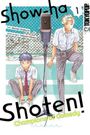 "show-ha Shoten! Champions of Comedy" in großer Schrift. Zwei Jugendliche in Schuluniformen posieren neben einem Mikrofon.