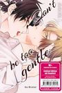 "Don’t be too gentle" in geschwungener Schrift; darunter ein geeignet für 18+ Hinweis. Zwei Personen sind kurz davor, sich zu küssen.