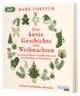 "Eine kurze Geschichte von Weihnachten" in roter Schrift, umgeben von weihnachtlichen Symbolen: Tannen, Glocken, Geschenk.