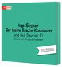 Text: "Ingo Siegner, Der kleine Drache Kokosnuss und das Saurier-Ei, Gelesen von Philipp Schepmann, Cover folgt."  
Ein schlichtes, grünes CD-Cover mit einem cbj audio Logo.