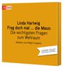 Text: "Linda Hartwig, Frag doch mal ... die Maus: Die wichtigsten Fragen zum Weltraum, Gelesen von Ralph Caspers, Cover folgt." Auf orangem Hintergrund mit einem cbj audio Logo oben links.