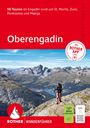 "50 Touren im Engadin rund um St. Moritz." Titel: Oberengadin. Illustration: Wanderer in alpiner Landschaft.