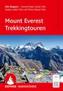 Alle Etappen – Everest Base Camp Trek. „Mount Everest Trekkingtouren“ steht auf rotem Hintergrund. Bergpanorama mit Gebetsfahnen.