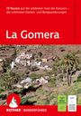 73 Touren auf der wildesten Insel der Kanaren – La Gomera. Bild von Terrassenfeldern und Palmen. Logo: Rother Wanderführer.