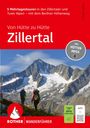 "5 Mehrtagestouren in den Zillertaler und Tuxer Alpen. Von Hütte zu Hütte Zillertal." Zwei Wanderer vor Bergkulisse.