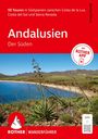 "50 Touren in Südspanien", "Andalusien Der Süden", "Mit ROTHER APP". Foto: Küste, Meer, Pflanzen, Berge im Hintergrund.