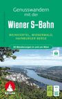 Genusswandern mit der Wiener S-Bahn, Weinviertel, Wienerwald. Flusslandschaft mit Stadt im Hintergrund, Rother-Logo.