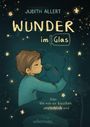 "WUNDER im Glas" - Ein Kind umarmt einen großen Hund, umgeben von leuchtenden Sternen in einem dunklen Hintergrund.
