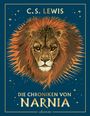 "C.S. Lewis", "Die Chroniken von Narnia", "ueberreuter". Illustration eines Löwenkopfes auf dunkelblauem Hintergrund.