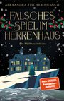 Text in Großbuchstaben: "Falsches Spiel im Herrenhaus". Schneeflocken umgeben ein altes Herrenhaus.