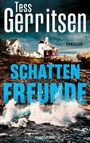 „Tess Gerritsen, Thriller, Schattenfreunde, blanvalet“. Stürmische Küste mit Leuchtturm und Häusern unter dramatischem Himmel.