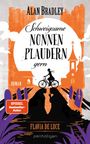 Der Text "Schweigsame NONNEN PLAUDERN gern". Illustration: Frau auf Fahrrad, orange Gebäude, violette Pflanzen.